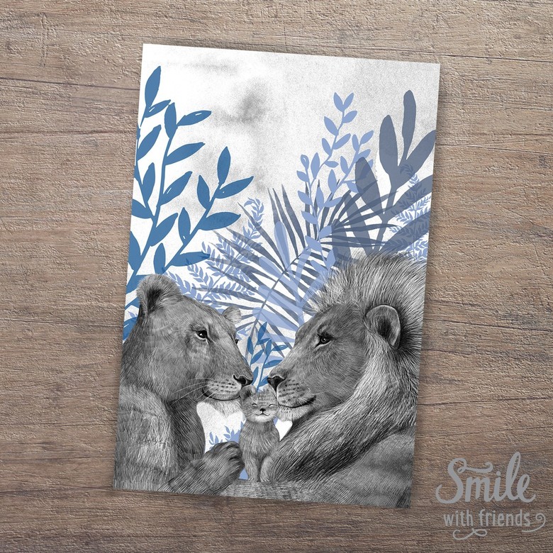 Семья львов на лугу с одним львёнком - открытка