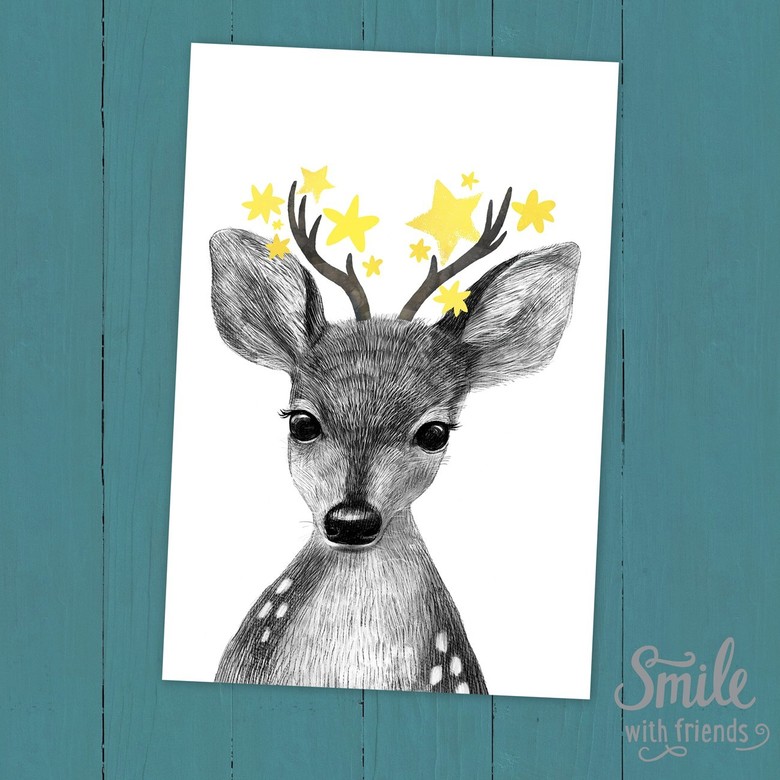 Малыш оленёнок со звездами - открытка