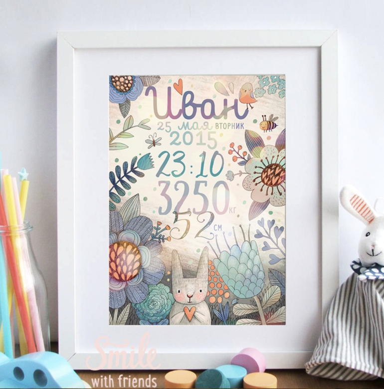 Метрика с зайчиком голубая - именной постер