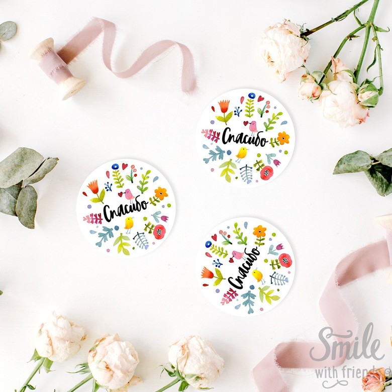 Стикеры "спасибо" с цветами и птичками