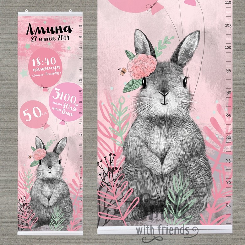 Сантиметрика - зайчик с розовыми воздушными шариками - метрика