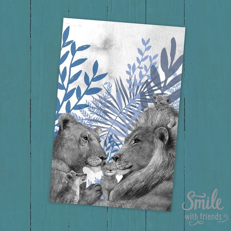 Семья львов на лугу с тремя львятами - открытка