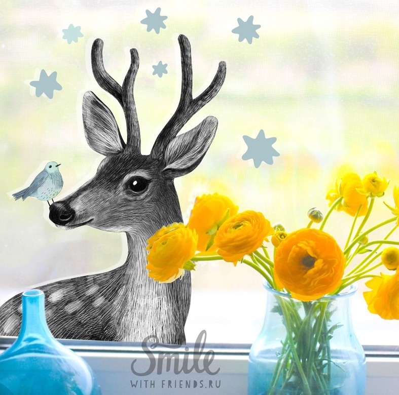 Олень с птичкой - стикер интерьерный