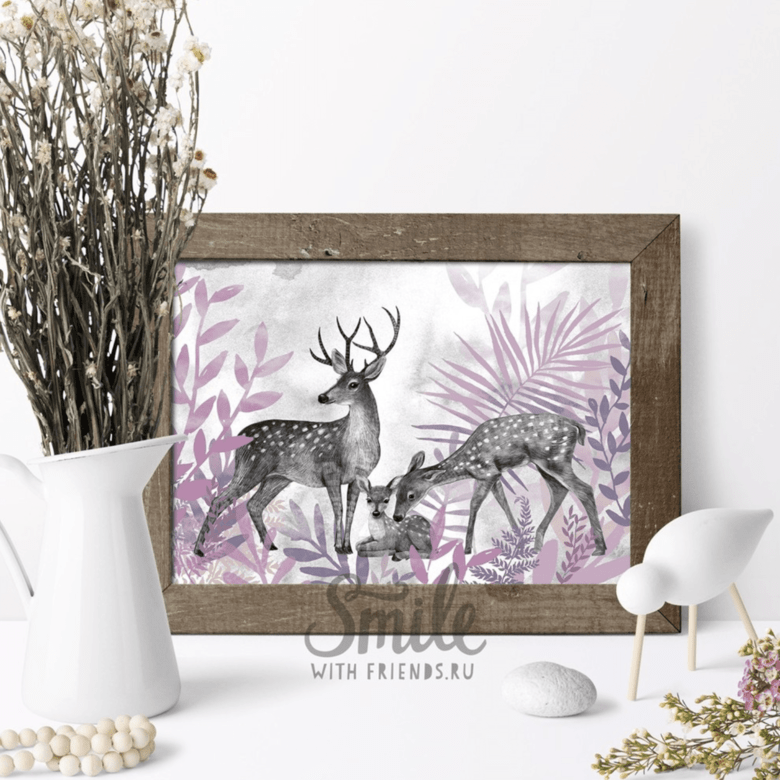 Семья оленей на лиловом лугу