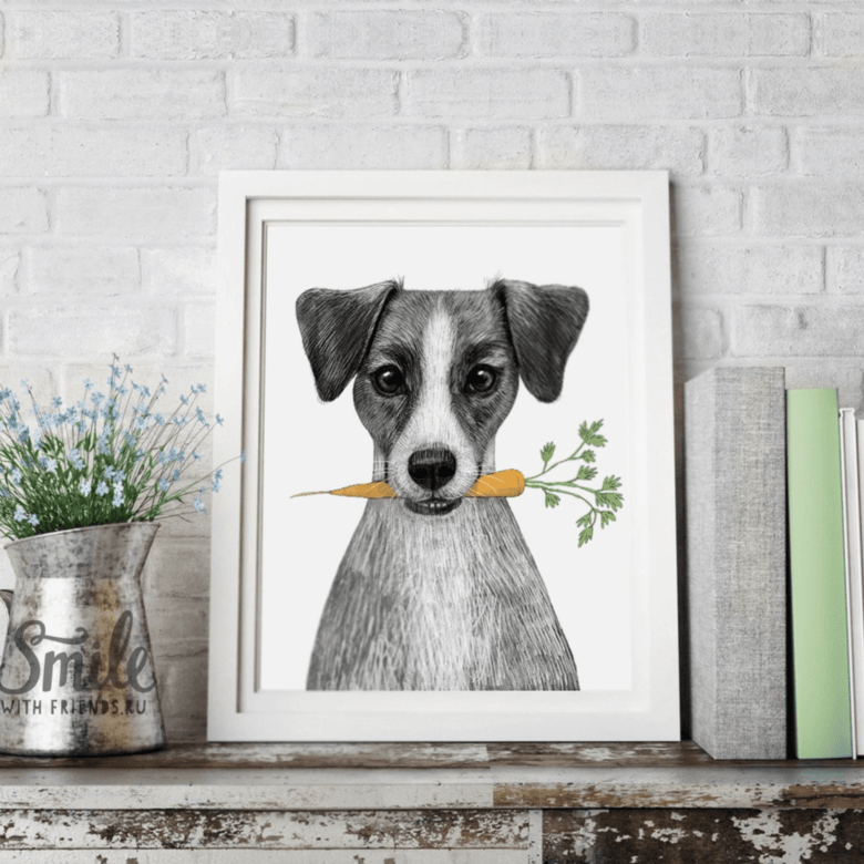 Джек рассел терьер с морковкой