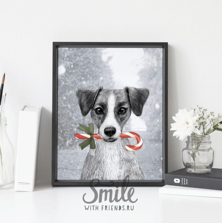 Джек рассел терьер с леденцом на снежном фоне