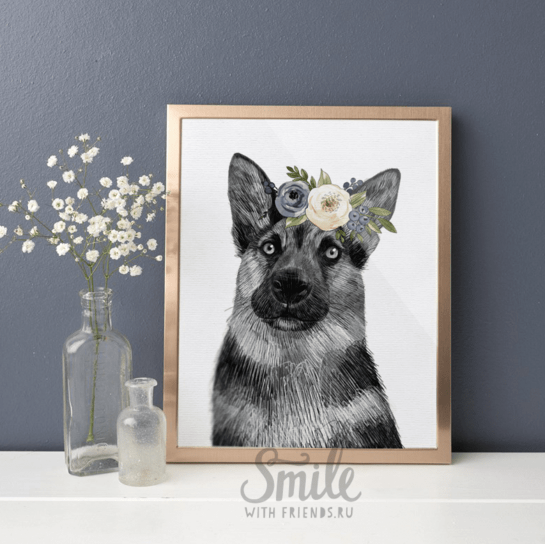 Немецкая овчарка с цветочками