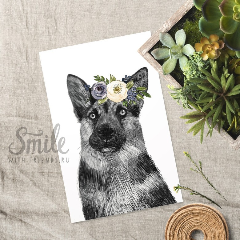 Немецкая овчарка с цветочками - открытка