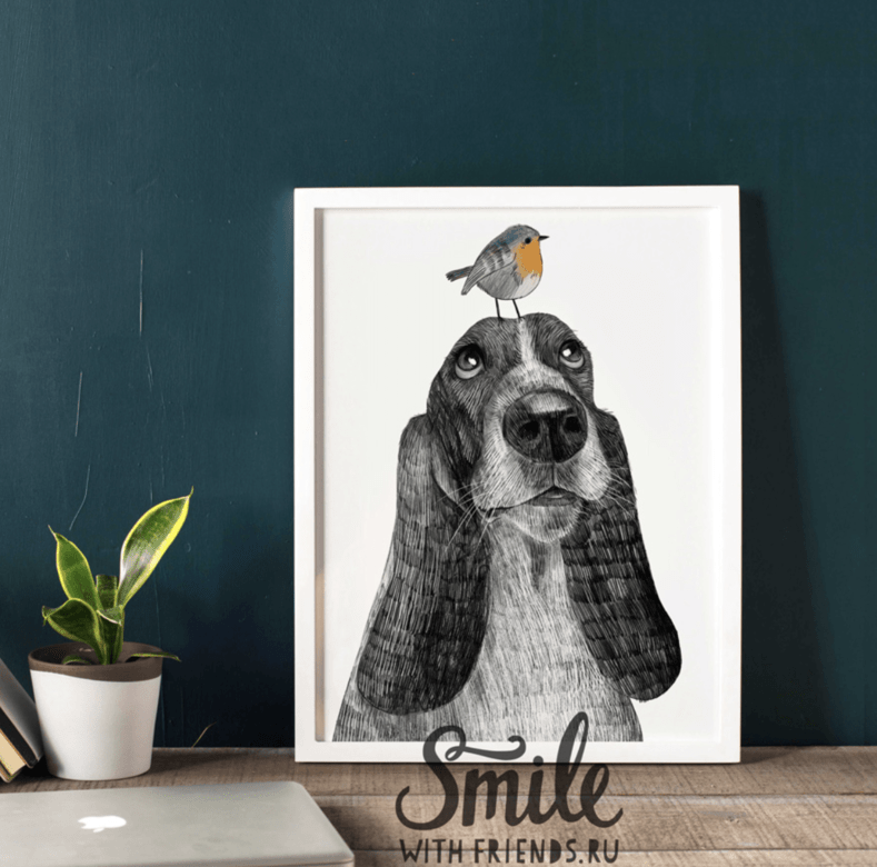 Бассет-хаунд с птичкой