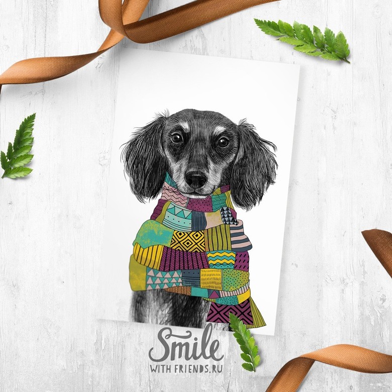 Такса в шарфике - открытка