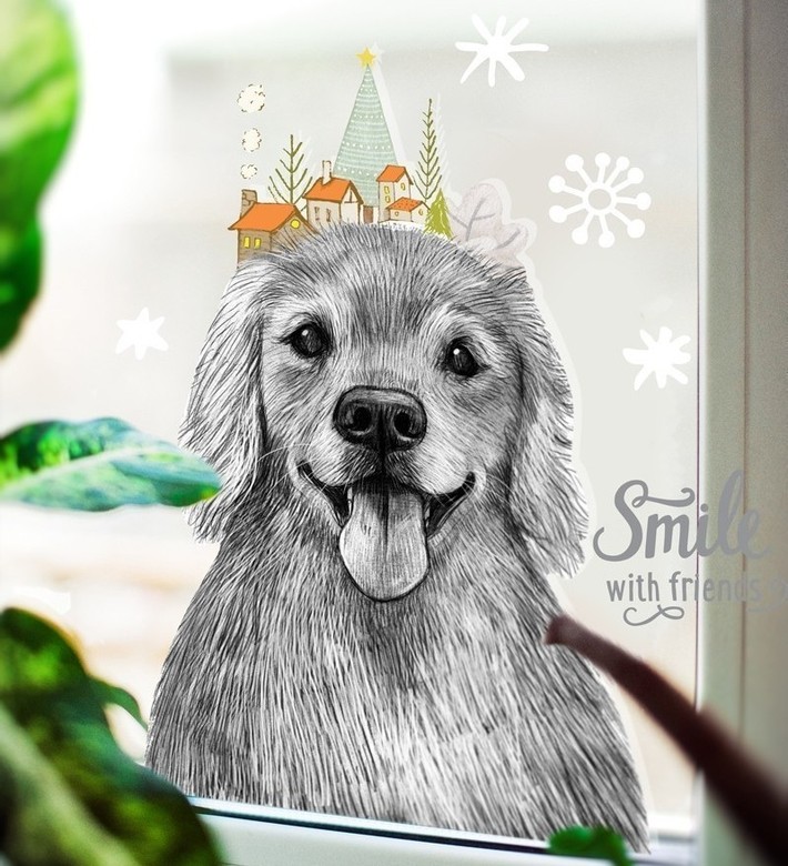 Золотистый ретривер с домиками - стикер интерьерный