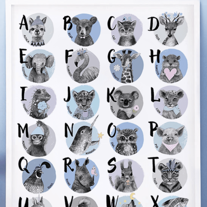 Постер английский алфавит с малышами - зверятами в голубых тонах купить в интернет магазине