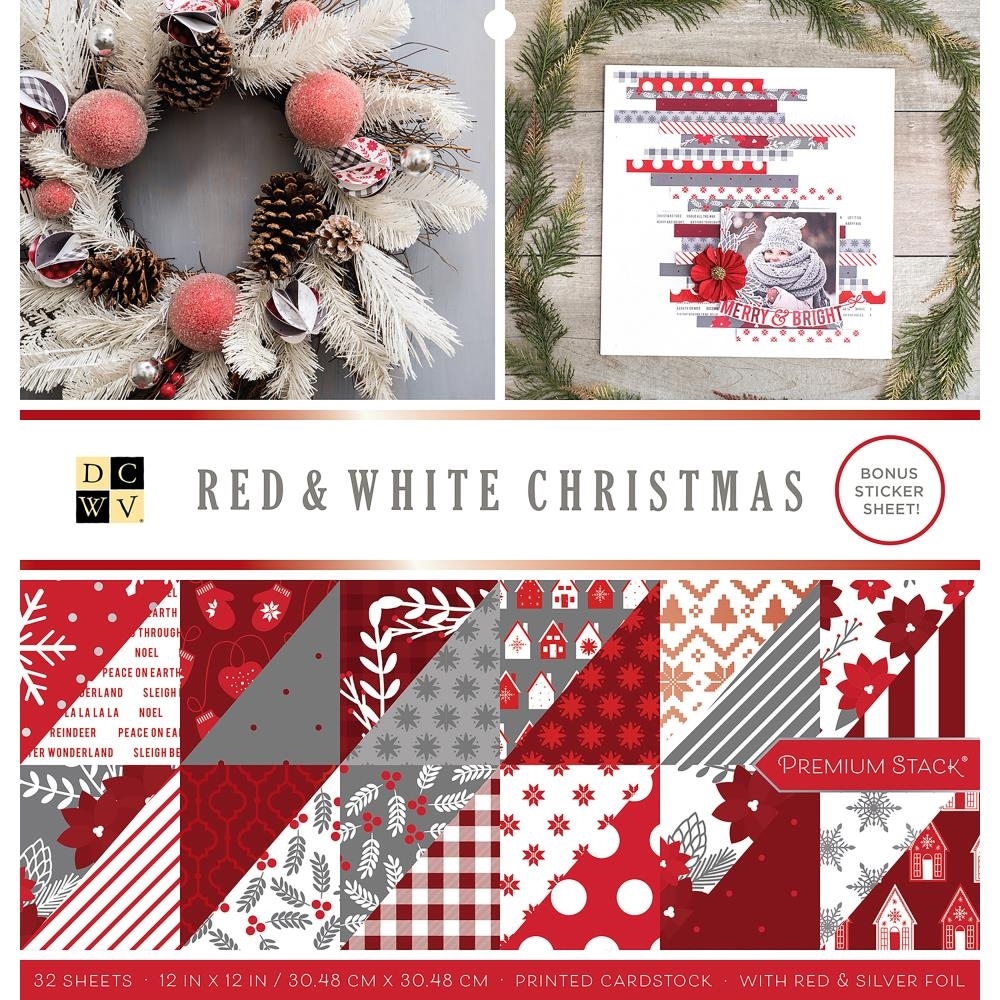 Набор бумаги с фольгированием 30*30см DCWV Red&White Christmas, 18 Des/2 Each, 12 W/Foil  DCWV Double-Sided Cardstock Stack 12"X12" 36/Pkg
