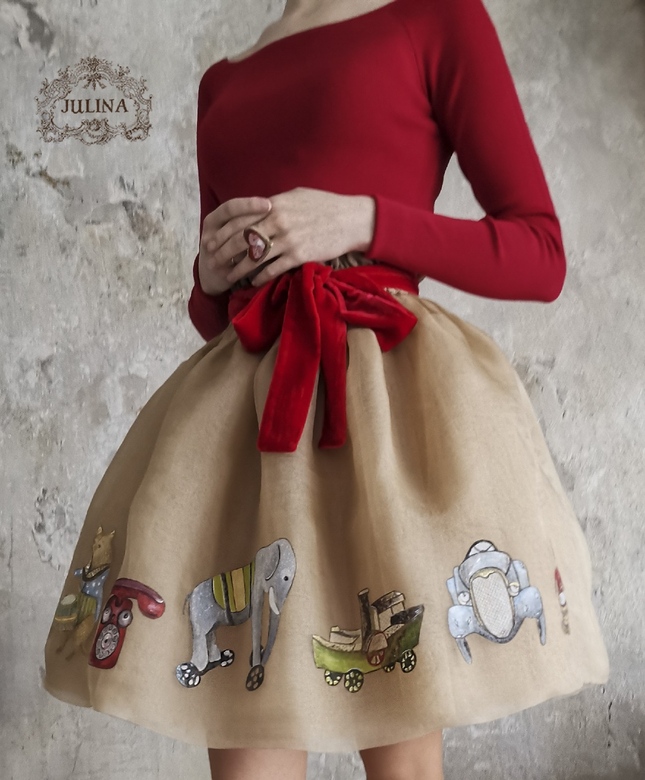 Юбка шелковая  "День Рождения Инфанты" / Silk skirt handmade linocut painting