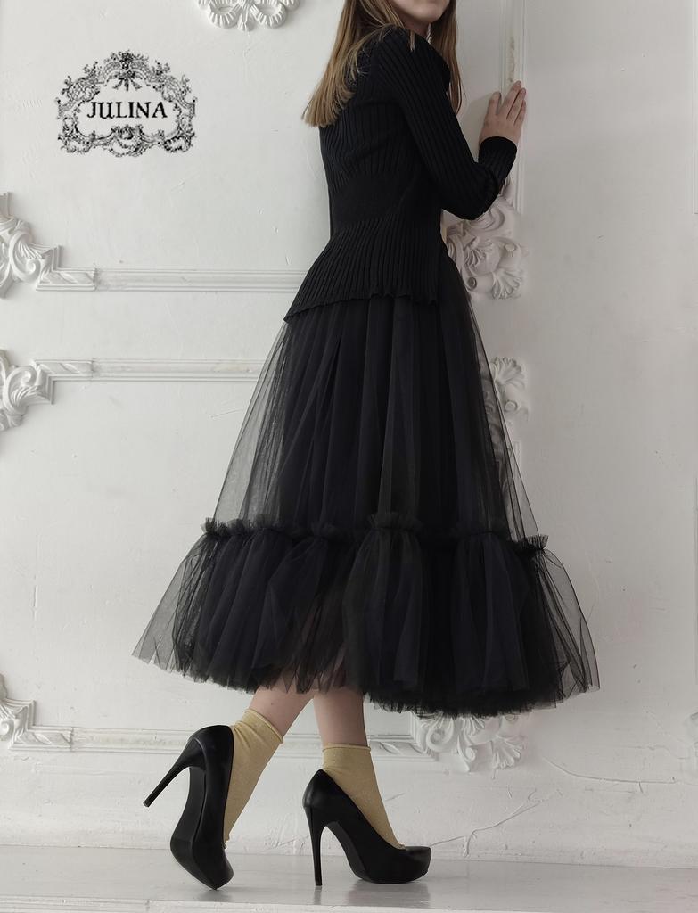 Юбка черная из натурального шелка и фатина