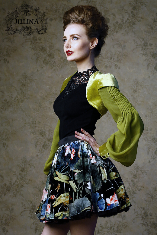 Болеро зеленое шелковое из бархата и шифона