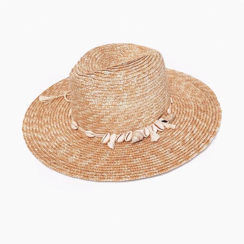 Шляпа федора SF03 из соломы с прямыми полями с ракушками
