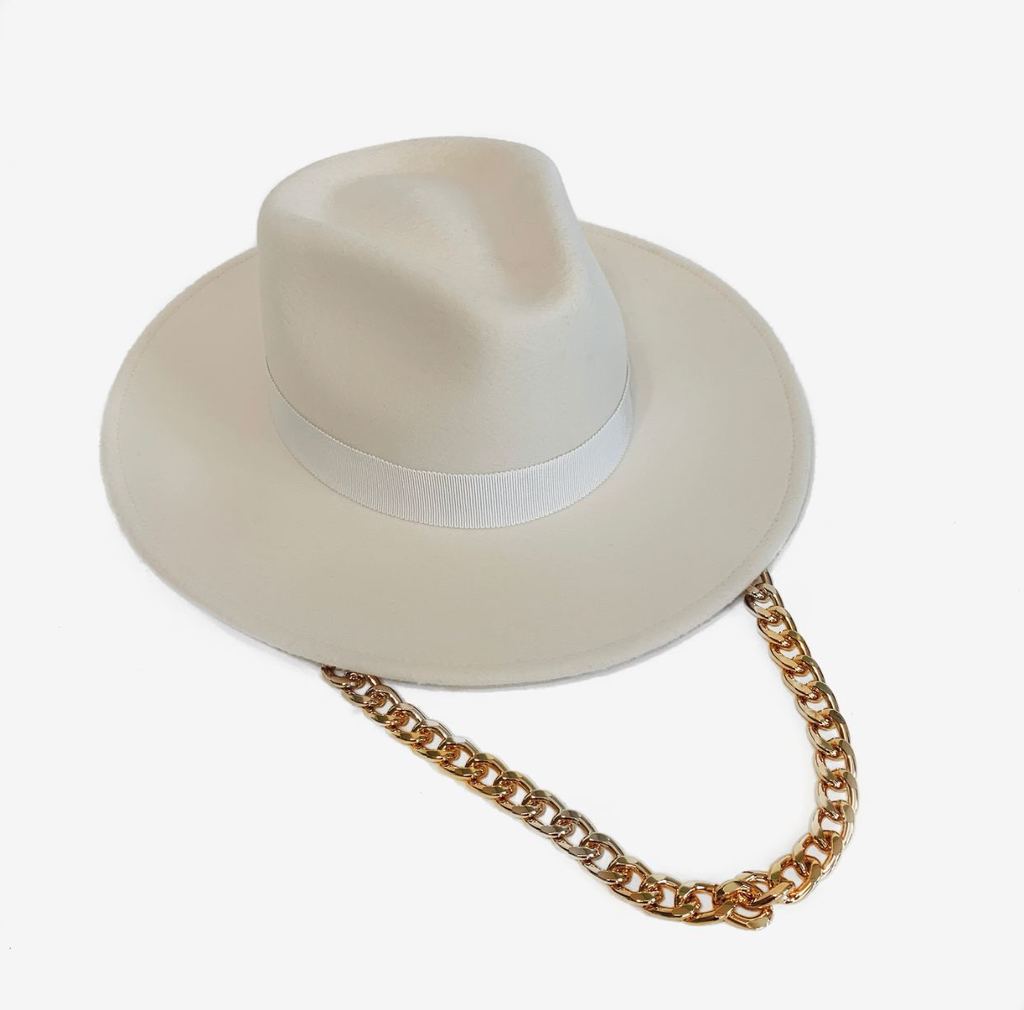 Федора FF03 широкополая с прямыми полями из фетра с цепочкой/белая