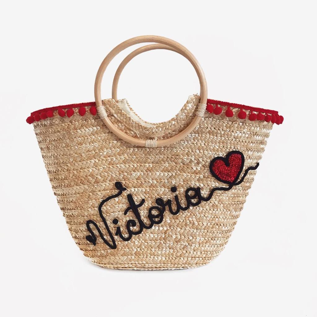 Сумка-корзинка из соломы с вышивкой персонализация