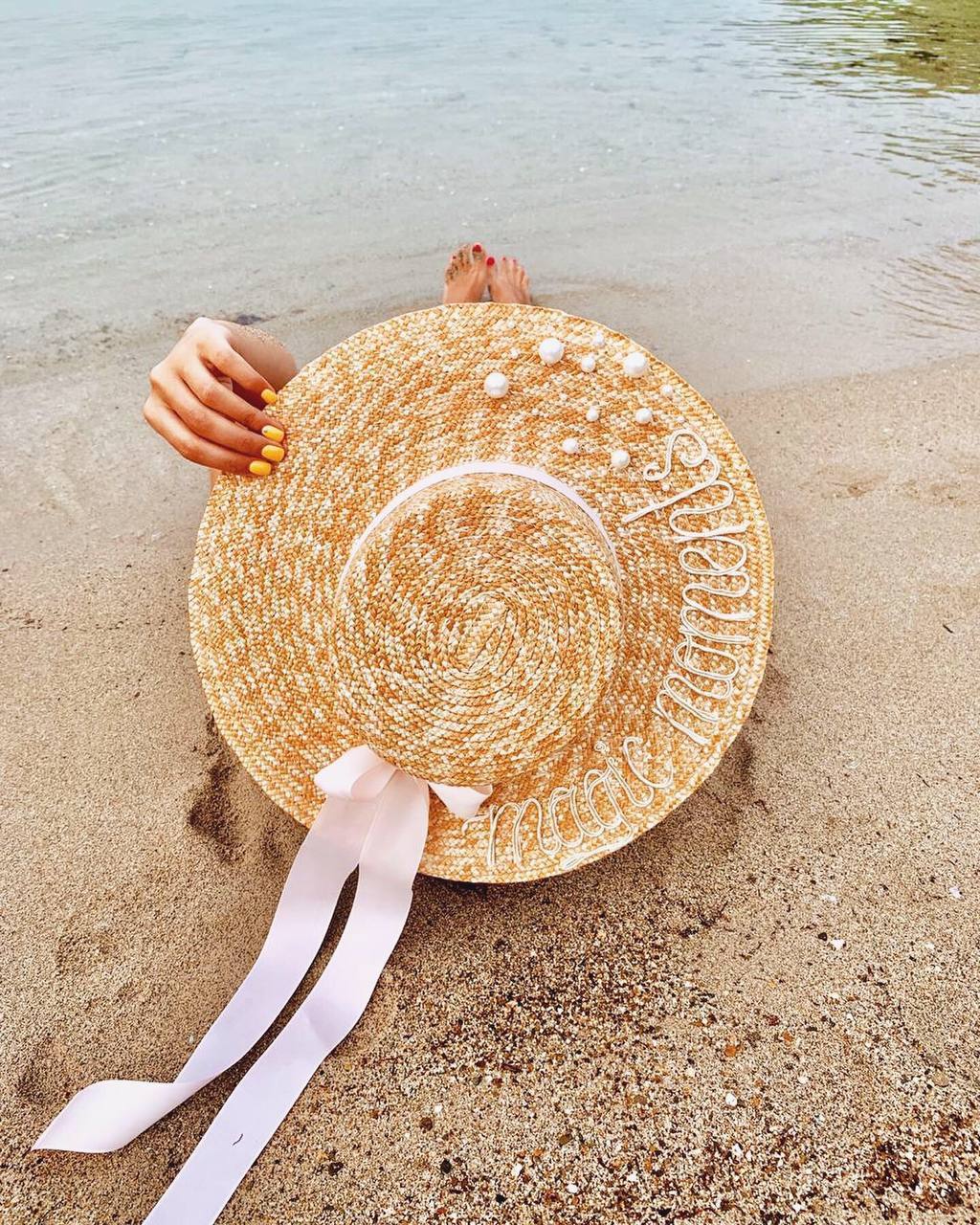Канотье из соломы с ручной  вышивкой персонализация и жемчугом Майорка