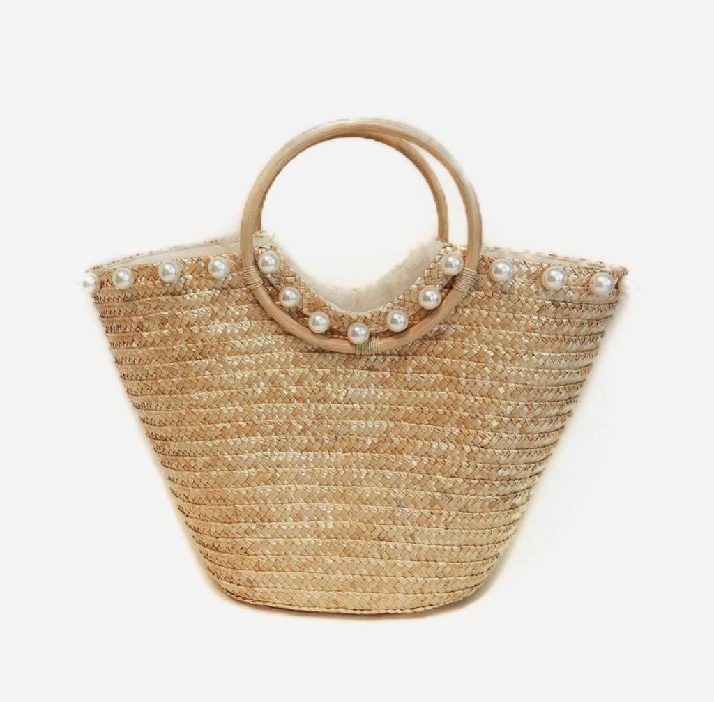 Сумка-корзинка из соломы с жемчугом по всей окружности