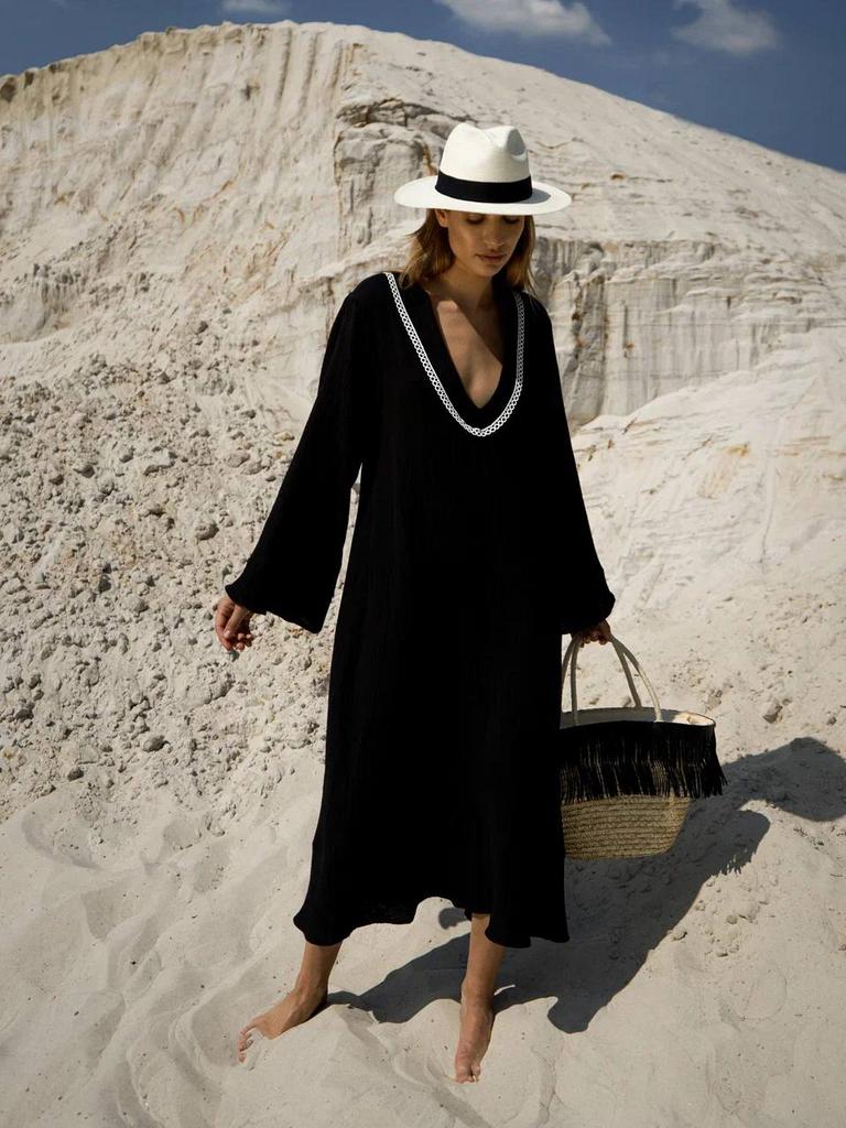 Платье с V образным вырезом и кружевом из муслина/черный