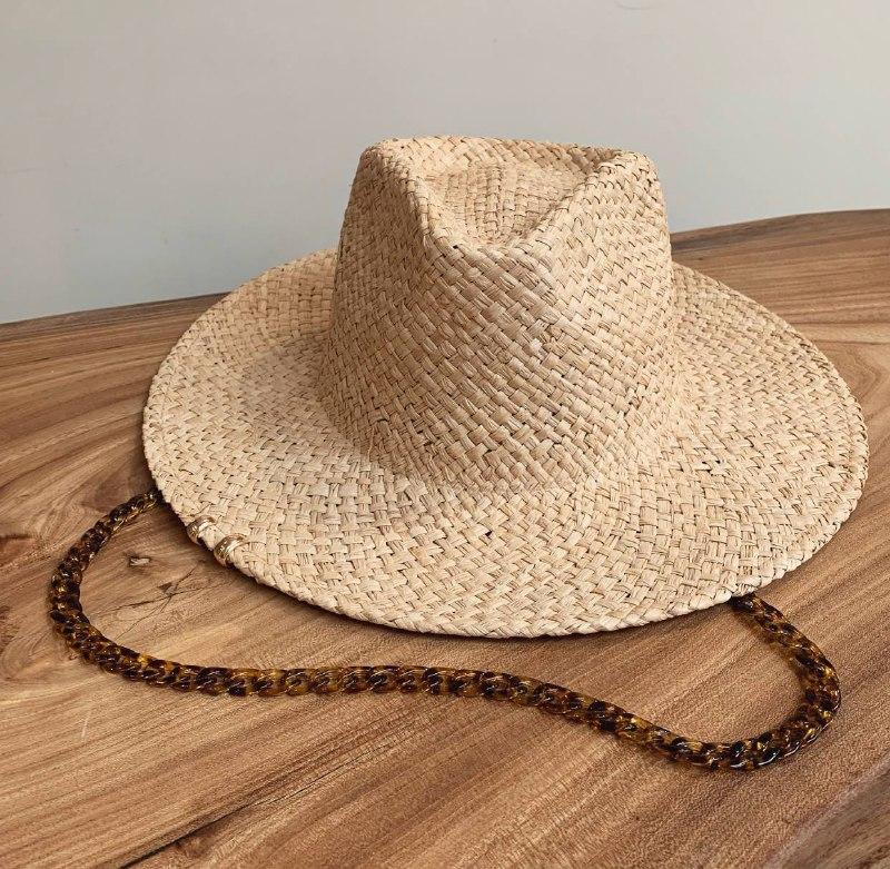 Шляпа федора RA03 из рафии с цепочкой и пирсингом на полях