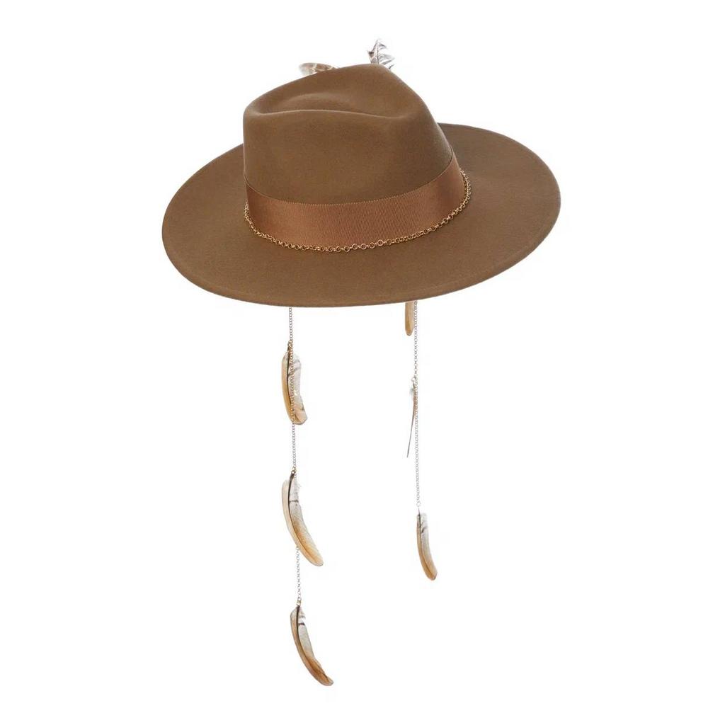 Шляпа федора FF03 широкополая с прямыми полями из шерсти с декором из перьев/кэмэл