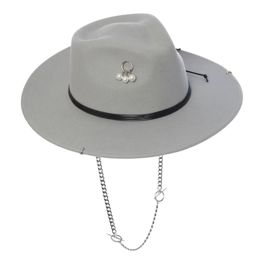Шляпа федора FF03 широкополая с прямыми полями, жемчугом и цепью трансформер/светло-серый