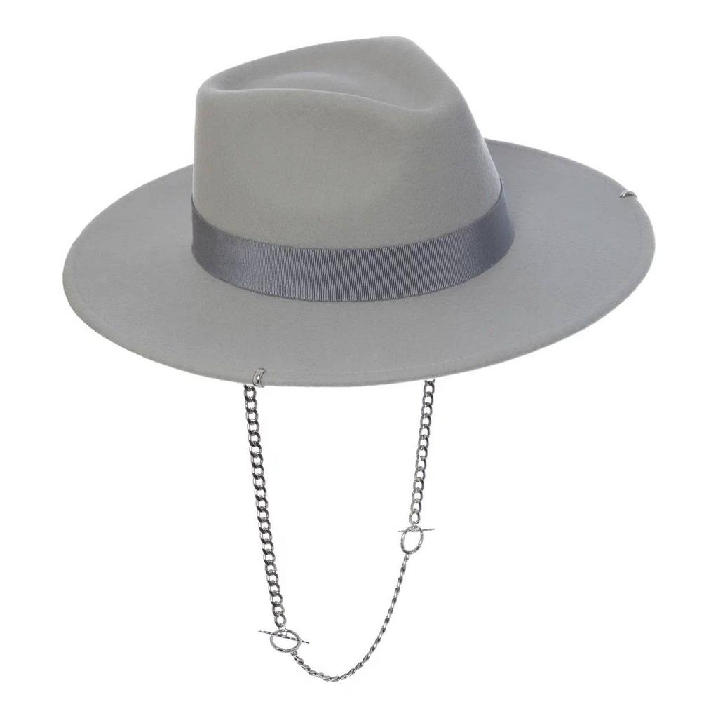 Шляпа федора FF03 широкополая с прямыми полями, пирсингом и цепью трансформер/светло-серый