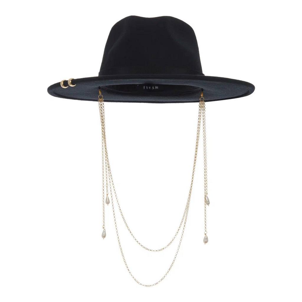 Шляпа федора FF03 широкополая с прямыми полями, со съемной цепочкой с барочным жемчугом/черный