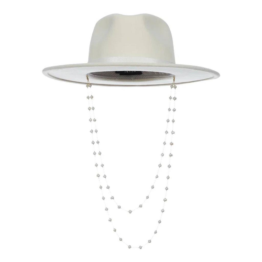 Шляпа федора FF03 широкополая с прямыми полями, с двойной цепочкой из натурального жемчуга/белый