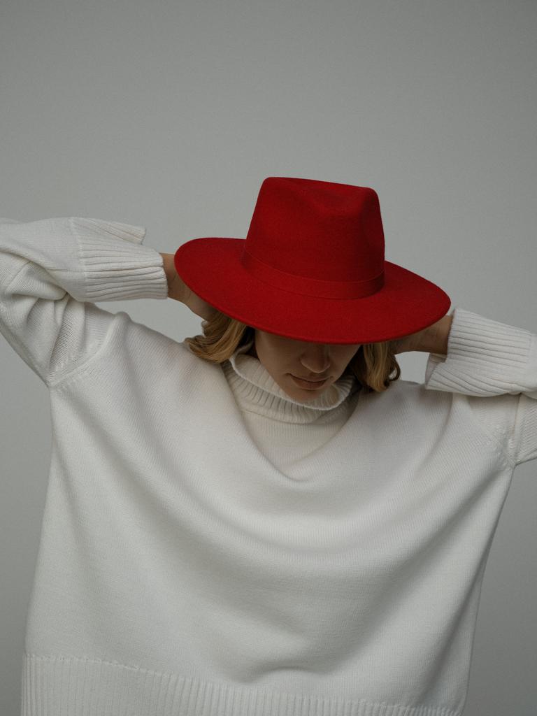 Шляпа федора AFF03 из фетра широкополая с прямыми полями из фетра/алый