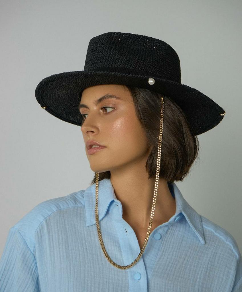 Шляпа федора FF03 из соломки тойо с пирсингом и жемчугом по тулье/черный