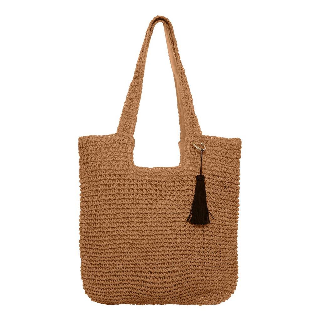 Сумка из тойо с удлинёнными ручками и черной кисточкой/загар