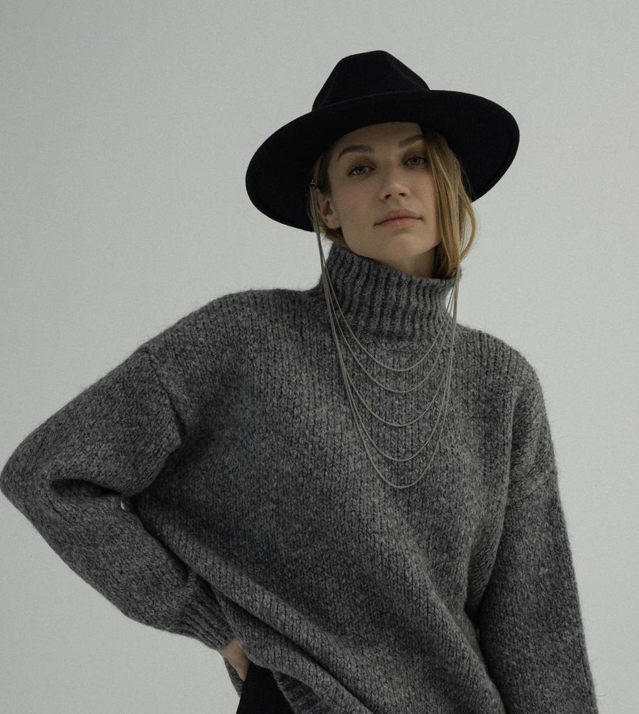 Шляпа федора FF03 широкополая с прямыми полями из фетра с многослойной цепочкой/черная