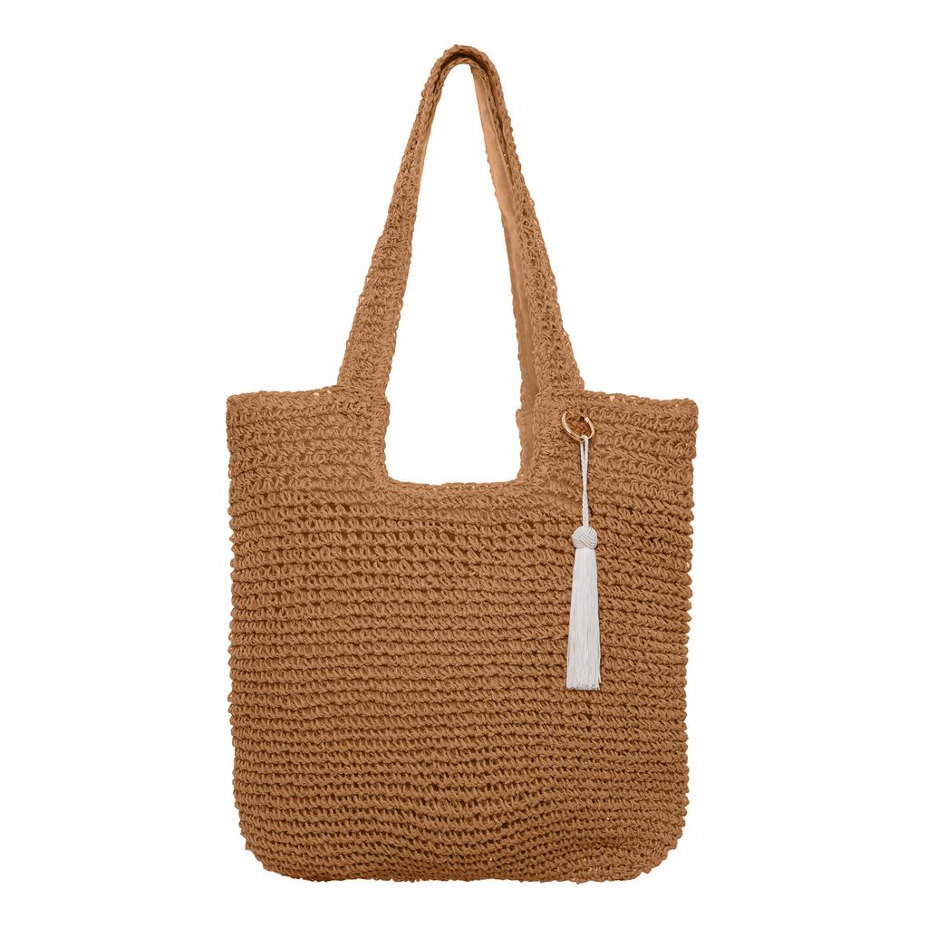 Сумка из тойо с удлинёнными ручками и белой кисточкой/загар