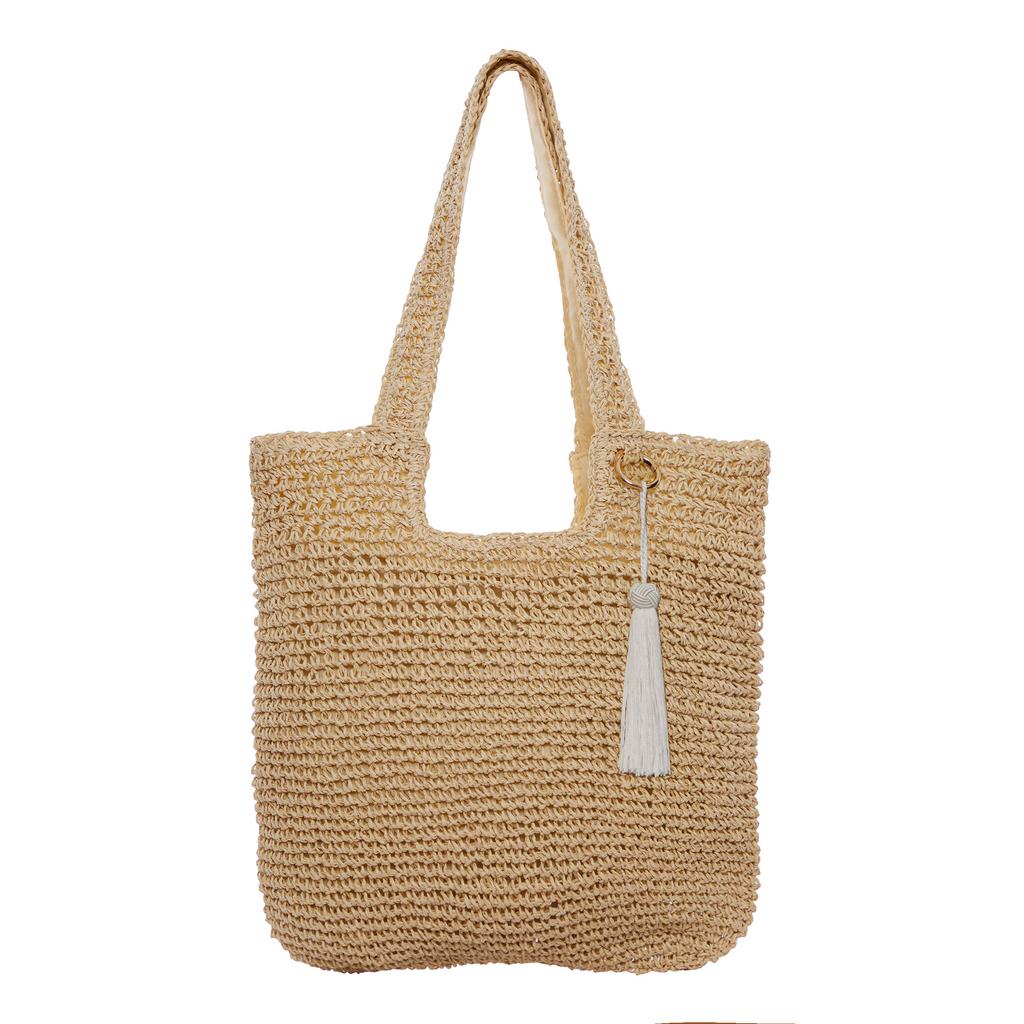 Сумка из тойо с удлинёнными ручками и белой кисточкой/тауп