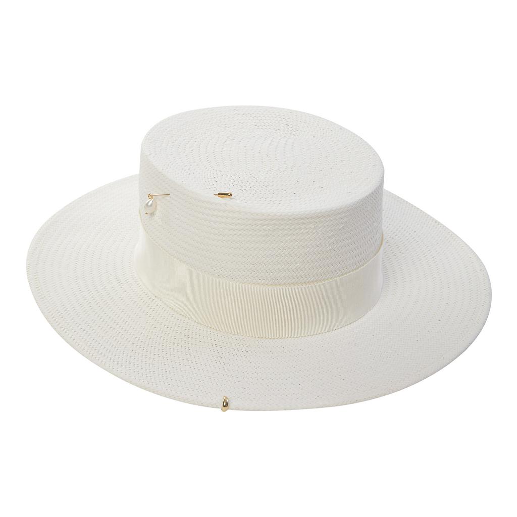 Шляпа канотье из лозы с миниатюрами/белая