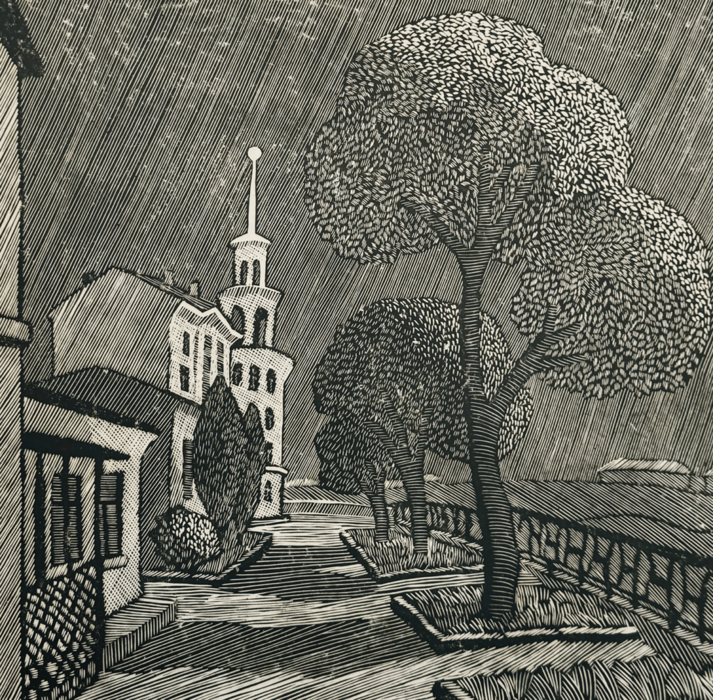 Графика " Пейзаж с башней"