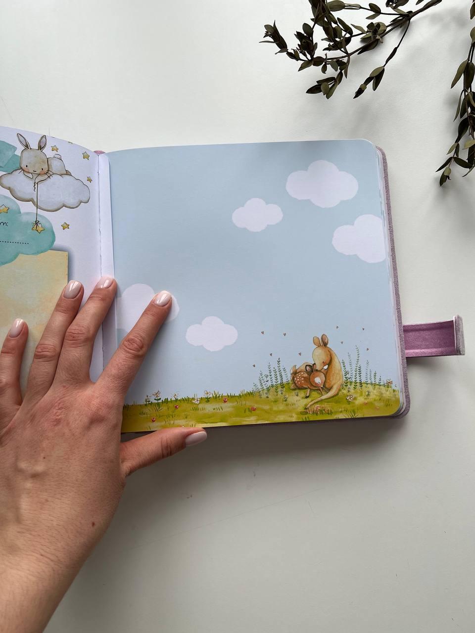 Именной фотоальбом для новорожденной девочки, лилового цвета с мышкой