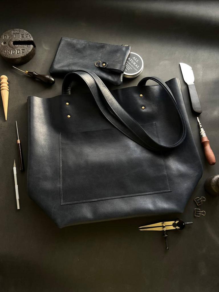 Сумка-шоппер из натуральной кожи, тёмно-синяя