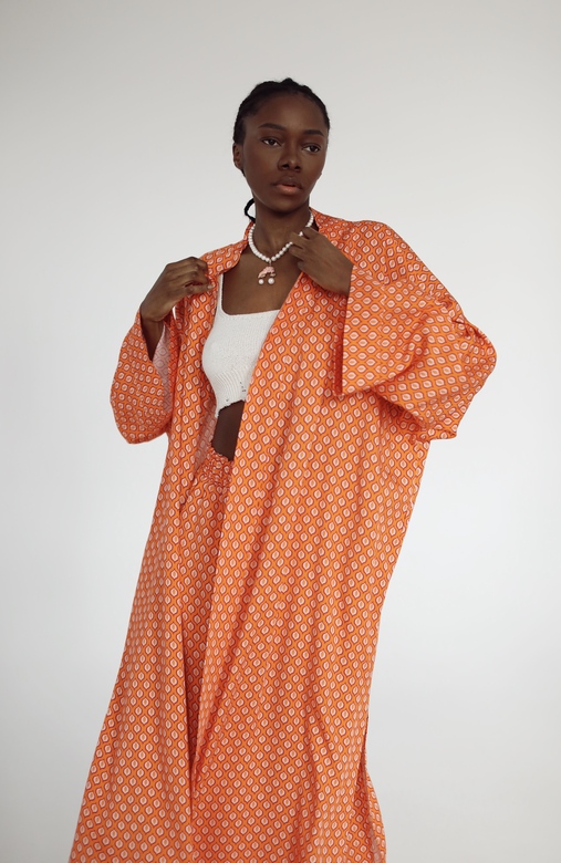 Костюм «Папайя»кимоно maxi на поясе с брюками