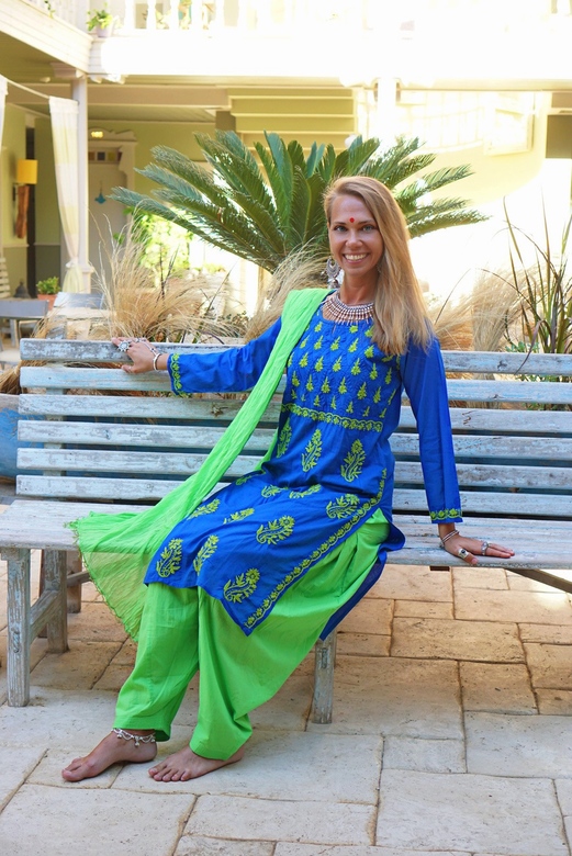 Синий с салатовым сальвар камиз, M