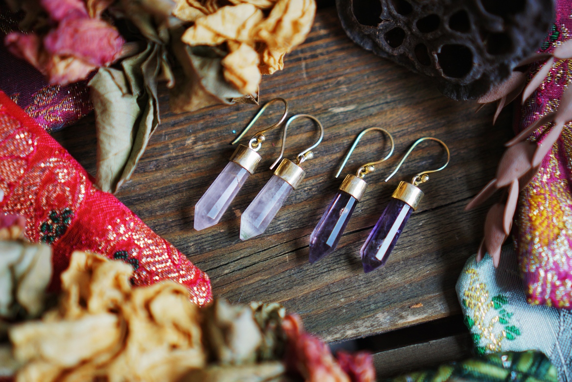 Серьги-кристаллы с розовым кварцем и аметистом