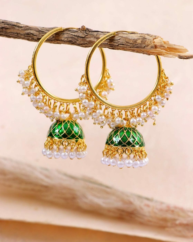 Серьги джумки на кольцах зеленые