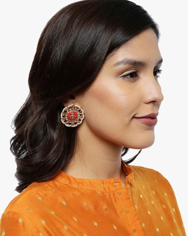 Круглые серьги гвоздики с красной эмалью