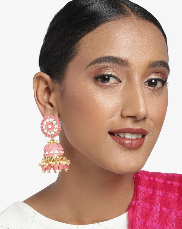 Крупные серьги-джумки с розовой эмалью