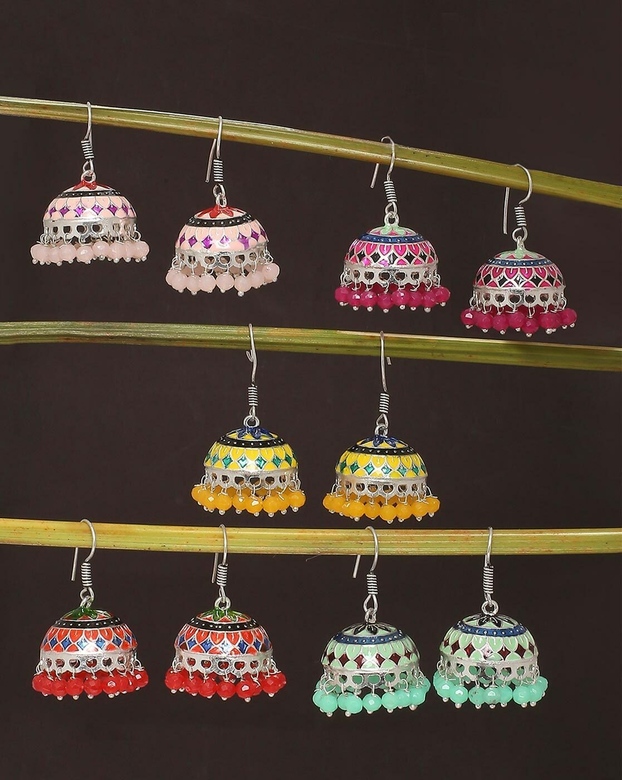 Серьги-джумки с эмалью серебряного цвета