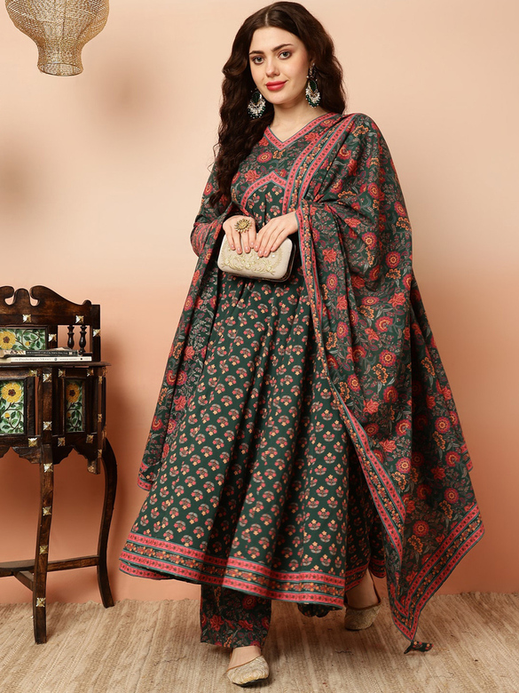 Зелёный костюм с платьем-анаркали, XXL